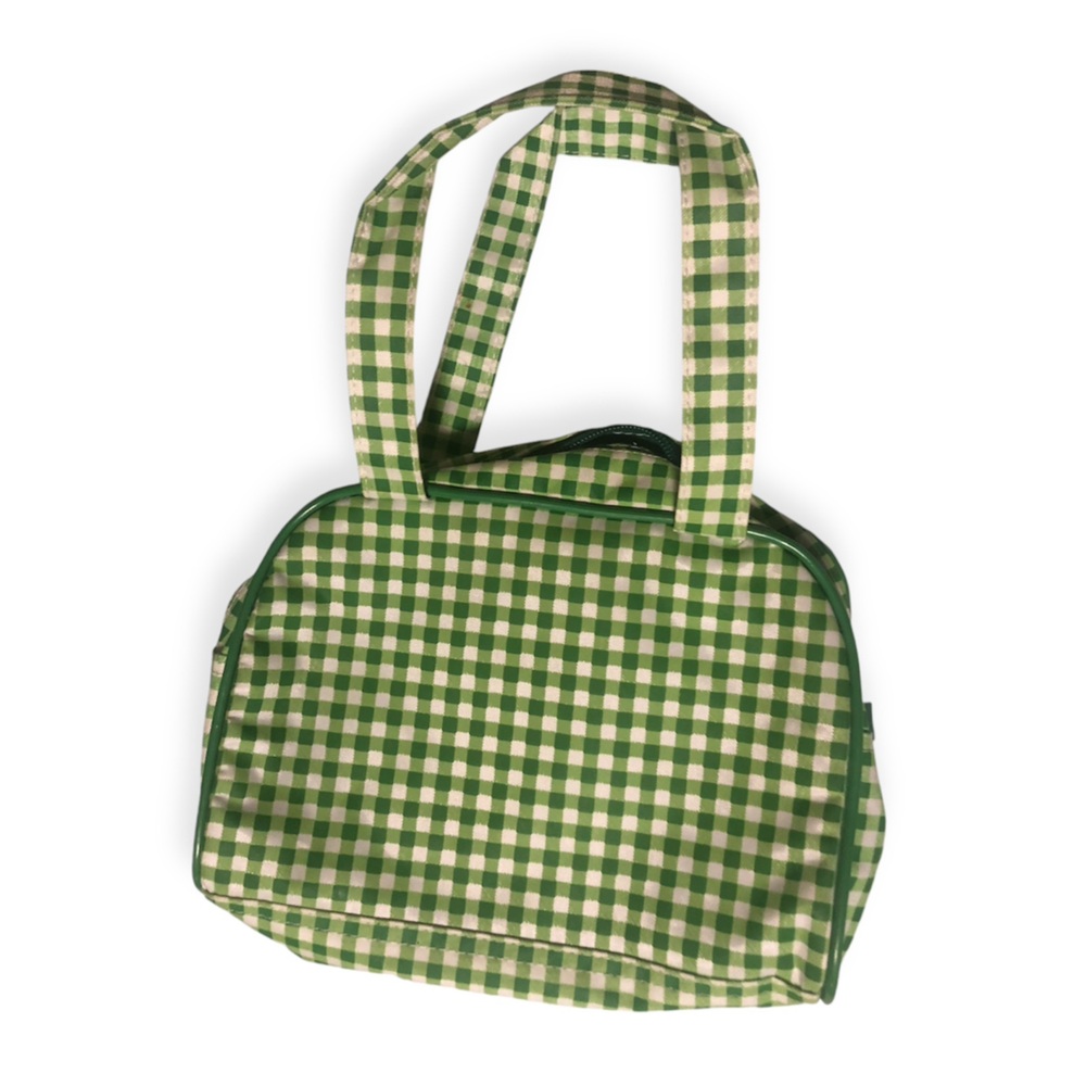 Yves Rocher cosmetic make-up bag Green White Checkered Gingham Square Pattern